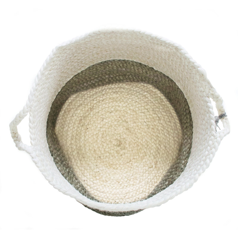 Handmade Round Jute Storage Basket with Gray and White Stripes