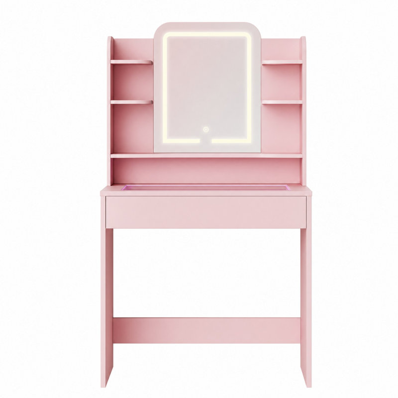 Coiffeuse de maquillage avec miroir lumineux à DEL et plateau en verre pour éclairage RVB, Rose