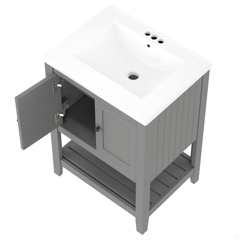Lavabo de salle de bain moderne élégant en céramique 24 po avec tablette ouverte en bois massif, Gris