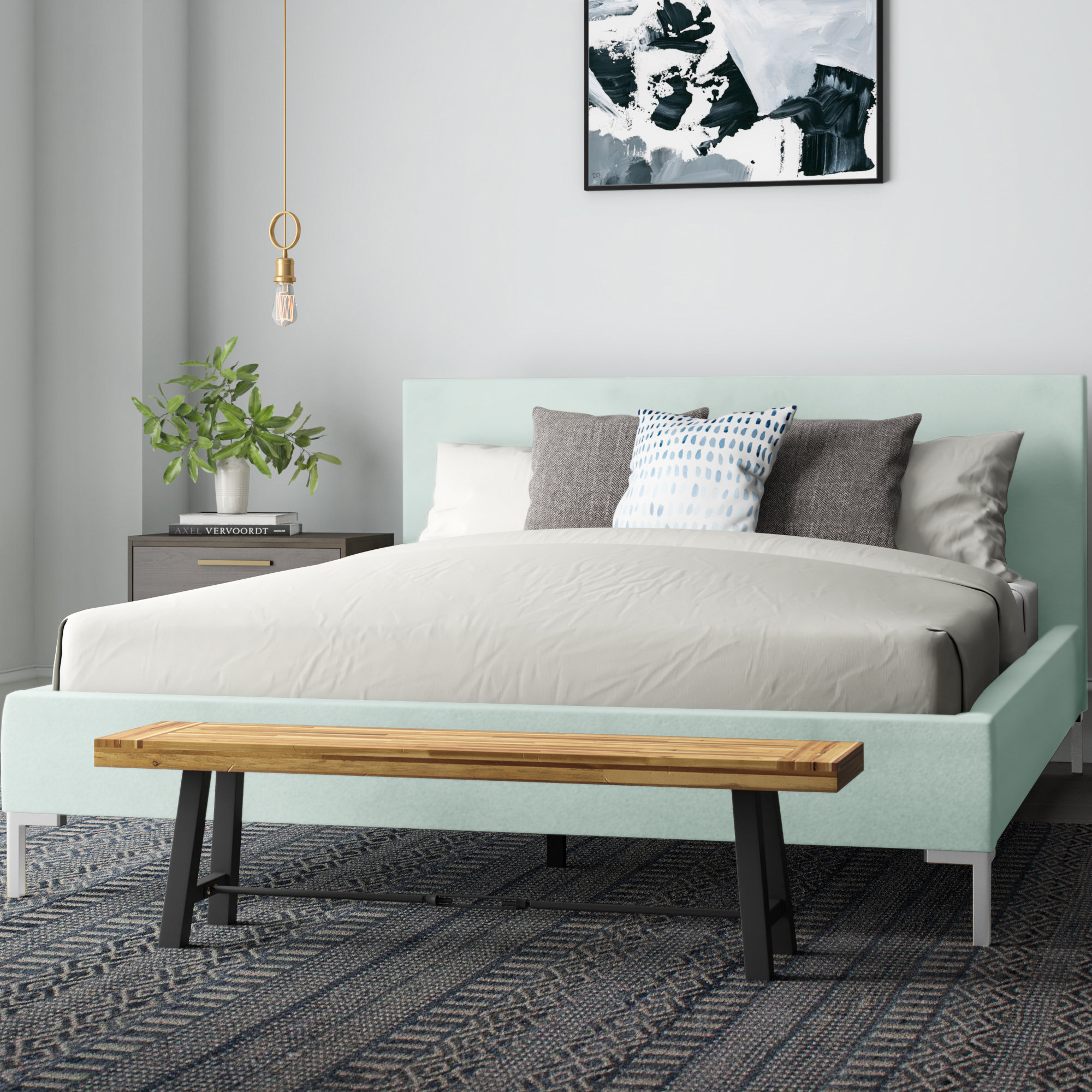 Rand Upholstered Bed, Black Wood, Bella Light Gray Performance Velvet, King