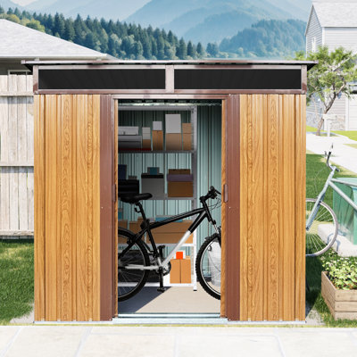 6Ft X 5Ft Outdoor Coffee Metal Shed, With Galvanized Steel Panels & Aluminum Frames, Foundation Support, Padlockable Sliding Doors, Simple Assembly, Offered Aluminum, Base, Easy To Assemble,
