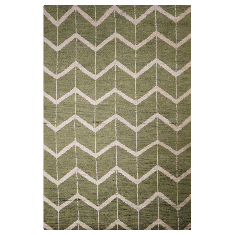 Vert | Tapis d'intérieur beige géométrique en laine noué à la main, Rectangle 9 pi x 12 pi