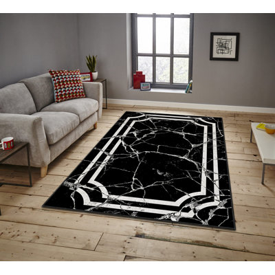 Rectangle Abstract Machine Made Power Loom Polyester Area Rug in Black/White