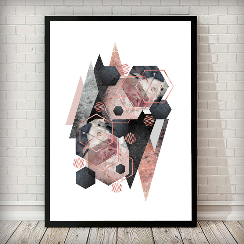 Geometric Overload Charcoal Grey Blush Pink Marble Abstract 1 Piece Single Picture Frame Wall Art, 63 cm H x 45 cm W, Black