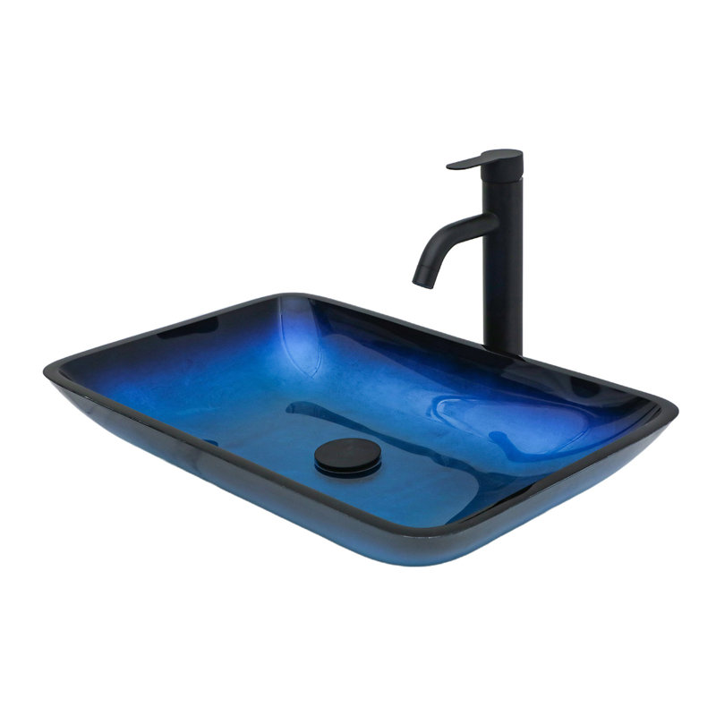 Bathroom Vessel Sink Above Counter Amber Blue Gradient Tempered Glass Bowl Square Sink For Bathroom, Blue