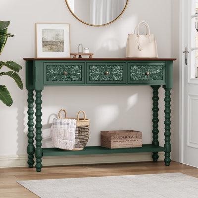Console de 42 po avec 3 tiroirs et détails botaniques sculptés à la main, table d'appoint en bois avec rangement et pieds fuselés