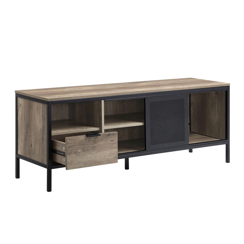 Meuble télé rectangulaire Kd en chêne rustique avec rangement pour base et compartiments électroniques en métal