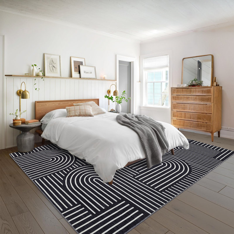 Striped Washable Area Rug, Black, Runner 60 x 230 cm