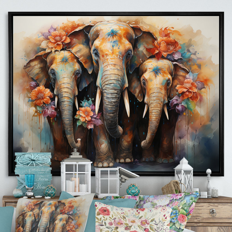 Art asiatique, éléphants thaïlandais - impression, H 16 po x l 32 po x P 1 po, Cadre flottant noir