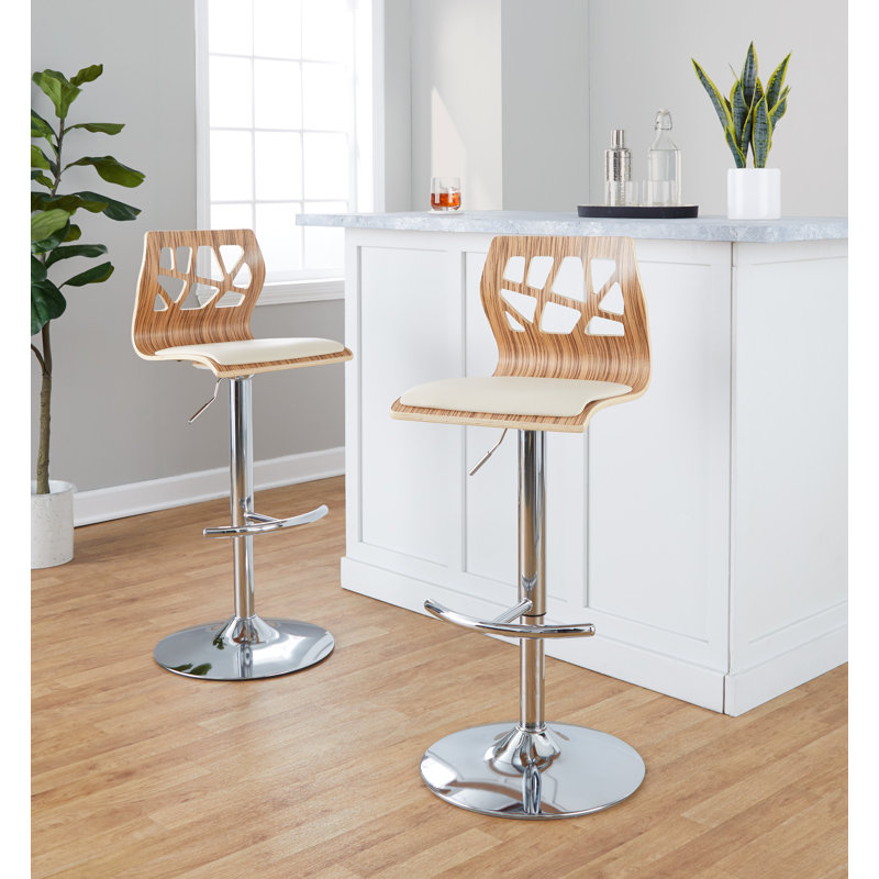 Tabourets ajustables avec repose-pieds arrondi Fayette, Chrome chrome, Similicuir crème / bois zébré