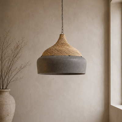 Bent Cement Fiber & Rattan Pendant Shade