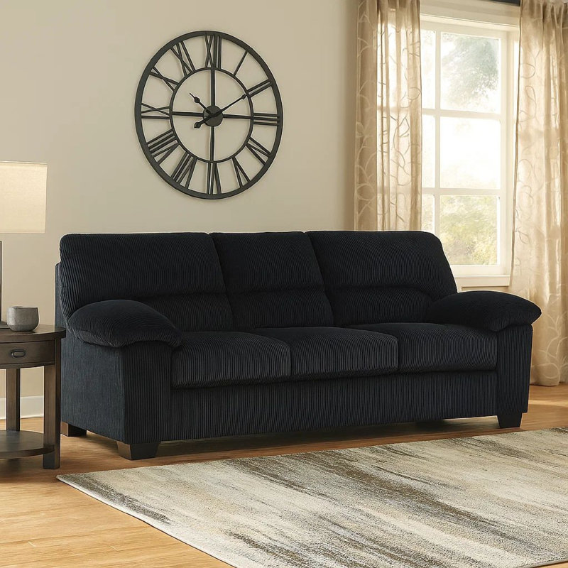 Canapé Simy de 83 po avec accoudoirs modernes moelleux, Velours côtelé de polyester noir