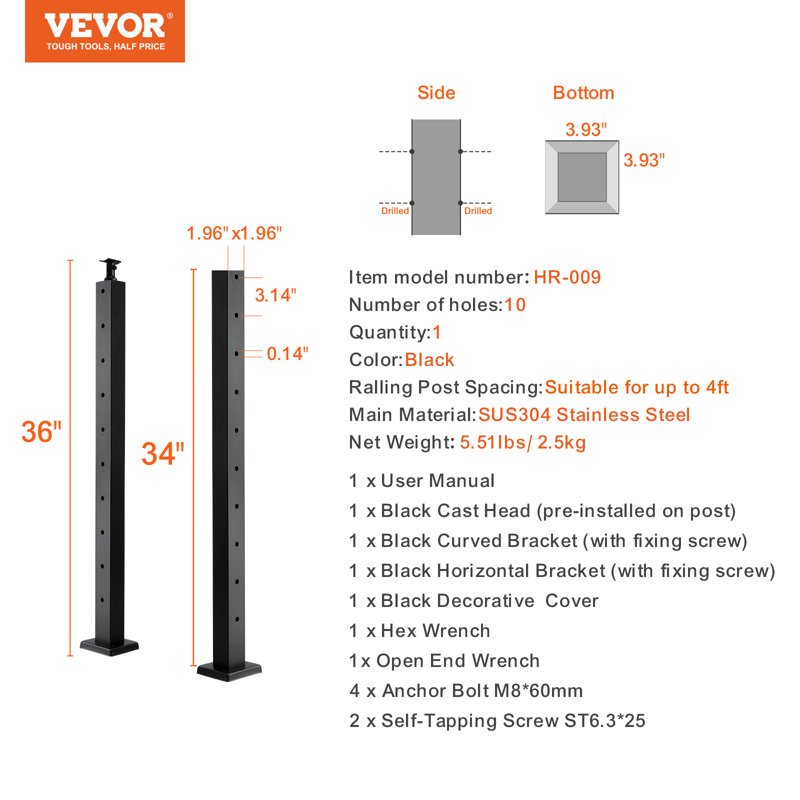 Poteau de garde-corps en acier avec trous horizontaux pré-percés pour terrasse VEVOR, Noir