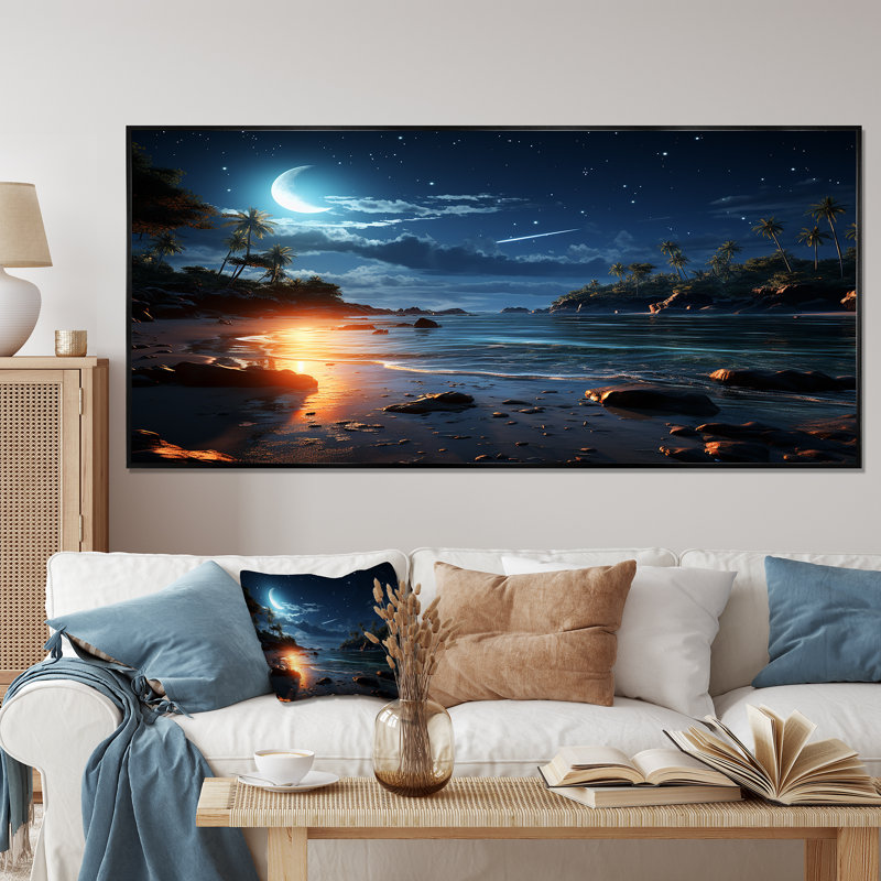 Mystic Tropical Beach Moonlight I - Art mural plage, Cadre flottant noir, H 28 po x l 60 po x P 1,5 po