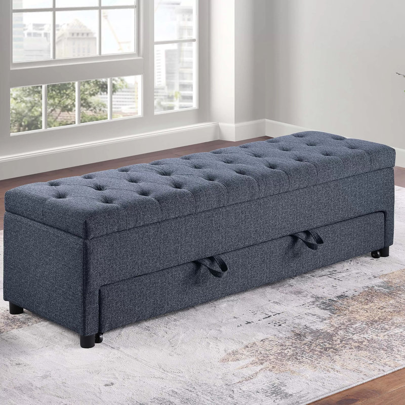 Textured Bouclé Fabric Storage Ottoman, Blue Gray
