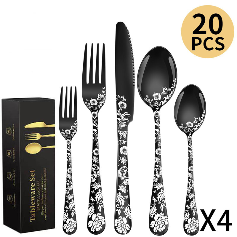 Ensemble de couverts en acier inoxydable au design élégant - Ensemble de couverts de qualité hôtelière 20 pièces pour la salle à manger, couteau à steak, fourchette, cuillère