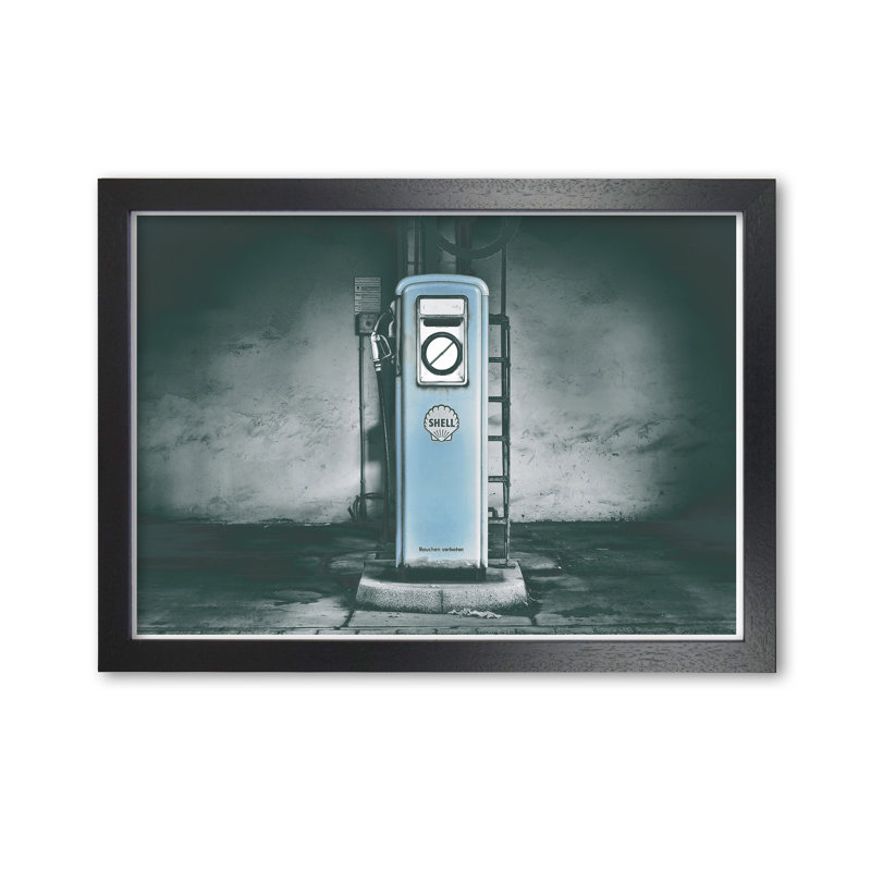Little Blue Gas Pump - Print, Black Grain Frame, 60 cm H x 42 cm W x 5 cm D