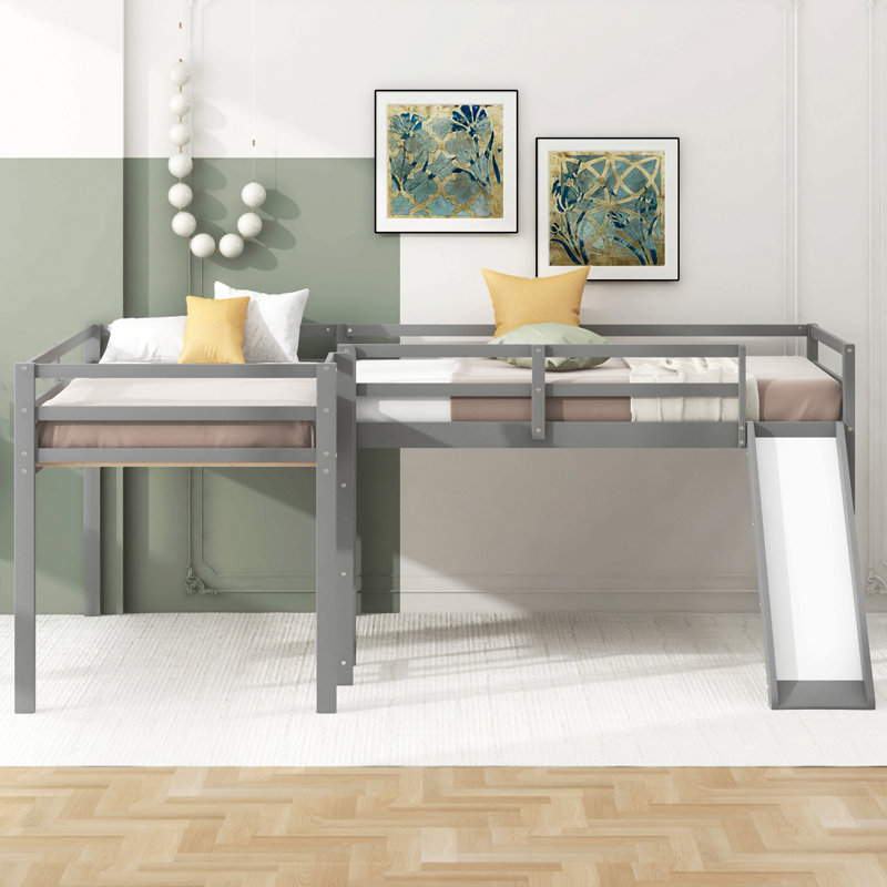 L-Shaped Twin Size Loft Bed With Ladder And Slide, Gray