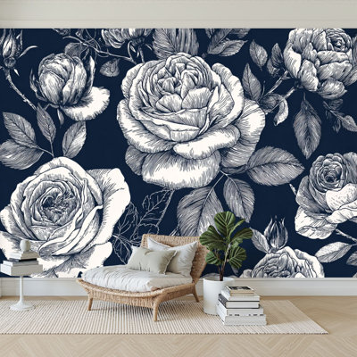Peel and Stick Wallpaper 96" W x 69" H Modern Self Adhesive Wall Mural for Bedroom Navy Garden Roses Leaves Vintage Flowers Floral Watercolor Painting