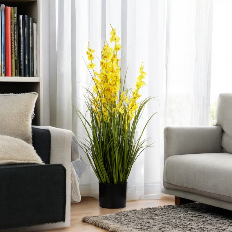 Herbes artificielles mixtes 36 pouces et fleurs d'orchidées en pot noir, Jaune