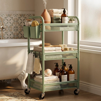 3 Tier Metal Rolling Storage Cart with Hanging Cups, Hooks & Mesh Basket for Kitchen Office Art
