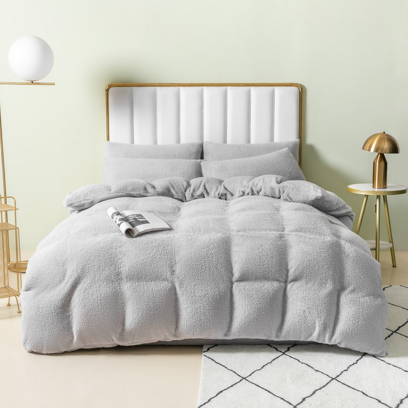 Teddy Fleece Duvet Cover set, Light Grey, Single - 1 Standard Pillowcase