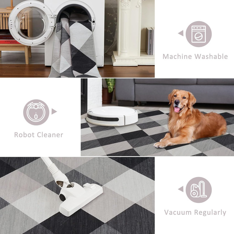 Machine Washable Plaid Runner Rug for Hallway, Kitchen, Bedroom, Living Room, 2x6, Navy & White, Abstract Geometric Design