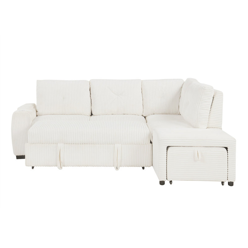 94" Sectional Sofa Pull-out Sofa Bed with Movable Ottoman and Stool, Creamy White