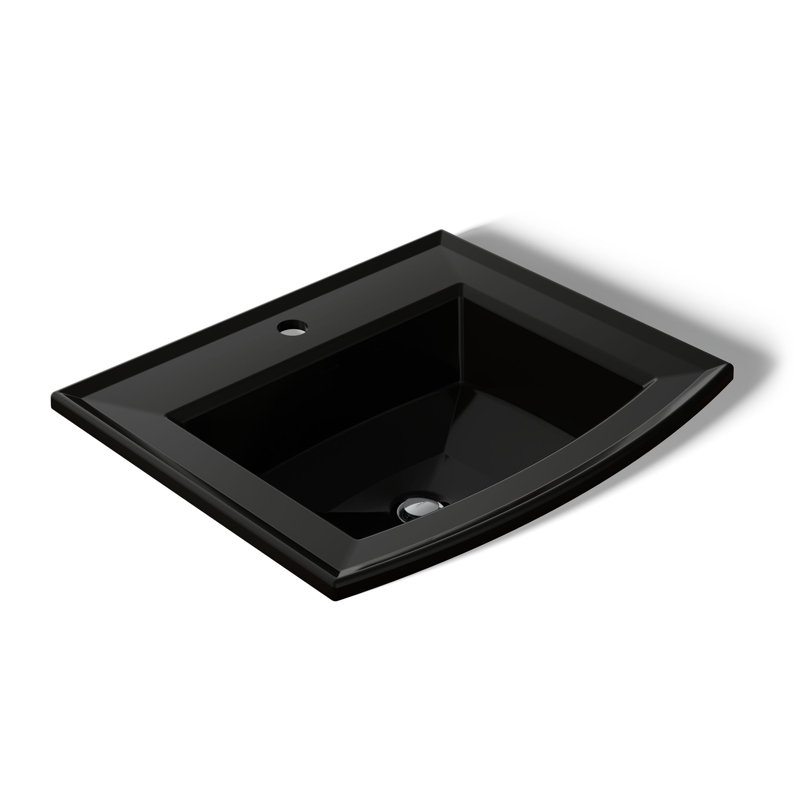 Lavabo de salle de bain rectangulaire encastré en porcelaine vitreuse avec trop-plein Archer®, Noir, Robinet à un trou