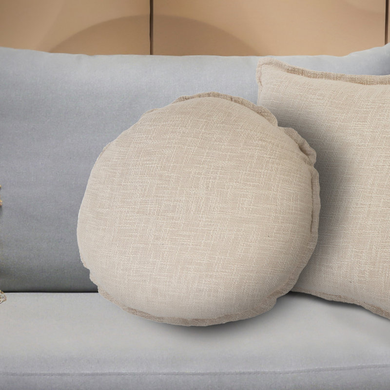 Housse de coussin en coton naturel de couleur unie, Rond, Polyester/ bourre en polyester