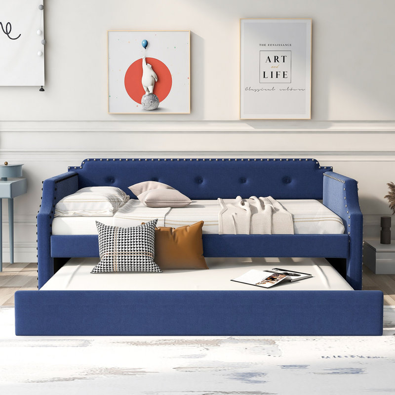 Upholstered Daybed With Trundle, Wood Slat Support,Upholstered Frame Sofa Bed, Blue