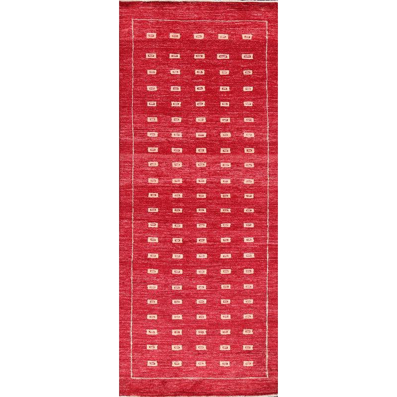 Tapis rouge / gris / beige en laine noué à la main Redus, Tapis de couloir 2 pi 9 po x 8 pi 1 po