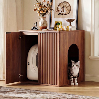 33.4" Large Cat Litter Box Enclosure for Automatic Litter Box, Fluted Hidden Litter Box Furniture for  Self-Cleaning Litter Box, Wooden Cat Washroom Cabinet for Living Room, Walnut