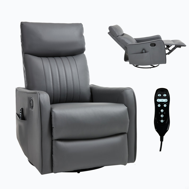 Faux Leather Heat Massage Manual Recliner Chair With Rocker And Swivel, Gray