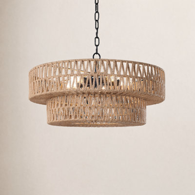 5-Light 21.6" Dimmable Hand-Woven Rattan Drum Chandelier