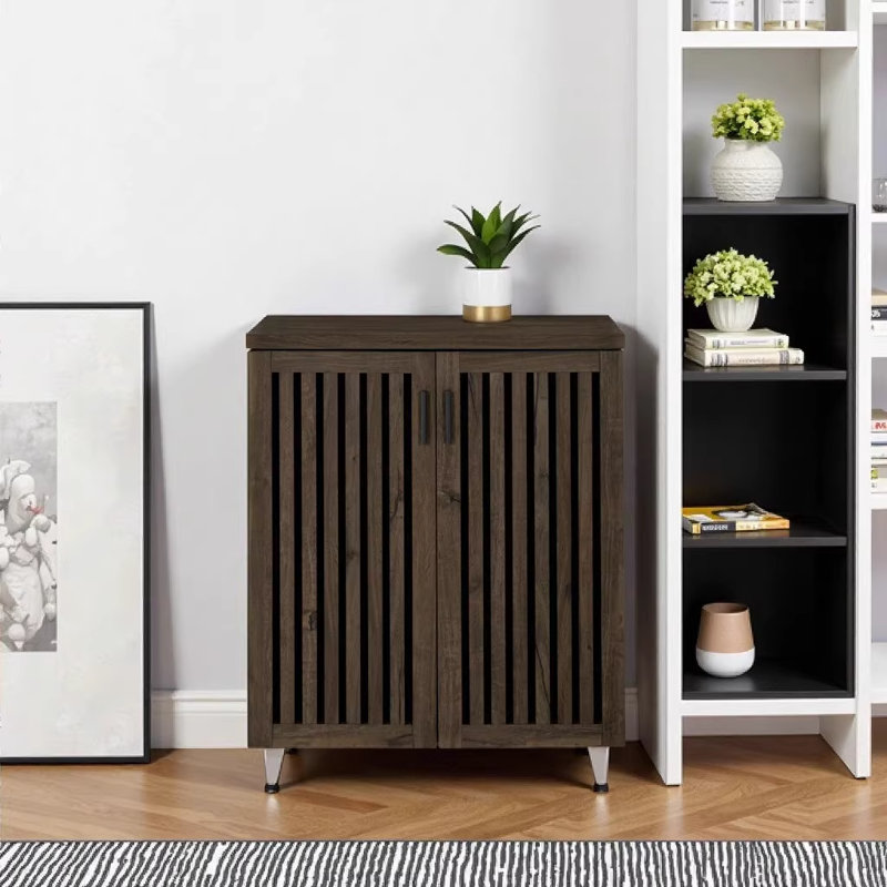 Clackamas Smoked Oak 2-Door Freestanding Storage Cabinet with Adjustable Shelves - Mid-Century Modern Engineered Wood Shoe Organizer for Entryway Living Room