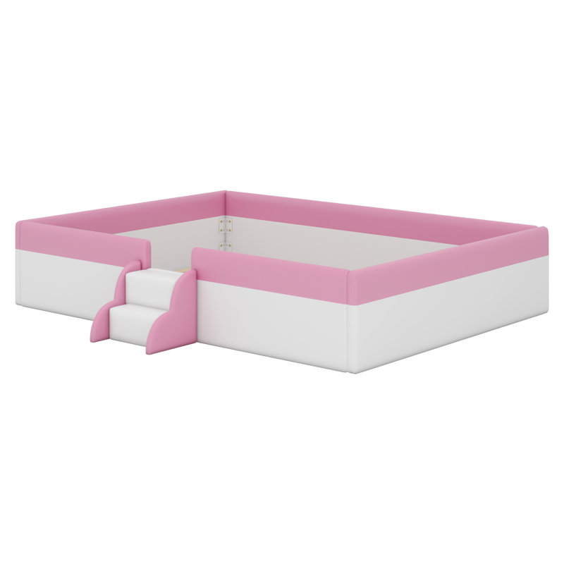 Upholstered Daybed Frame With Fence And Stairs, White/Pink