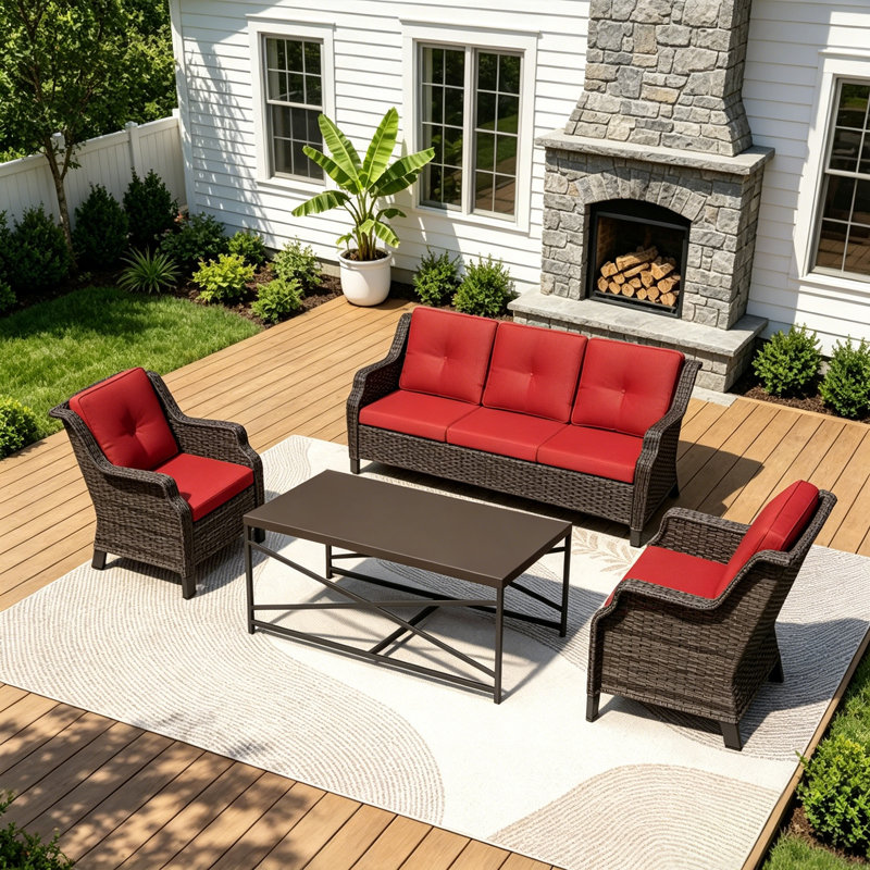 4-Piece PE Wicker Patio Conversation Set with 3-Seat Sofa,2 Chairs,Coffee Table & Red Cushion, Red
