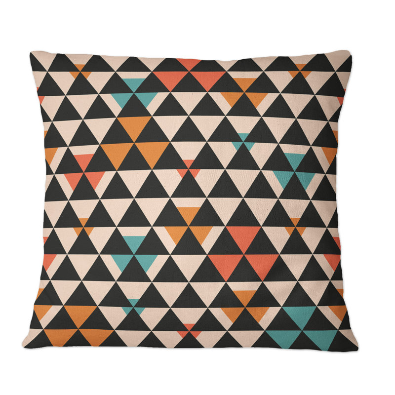 Coussin décoratif noir à motif triangles noirs sur fond bleu et orange II, 16 po x 16 po