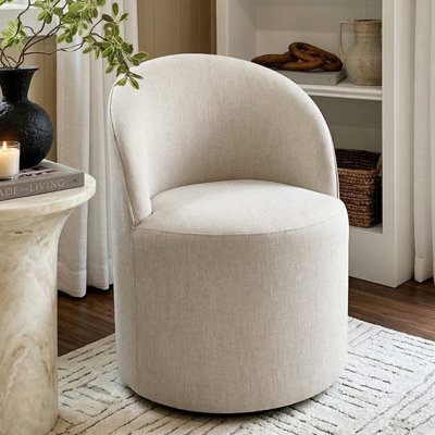 Small Linen Upholstered Rolling Barrel Swivel Chair With Hidden Casters