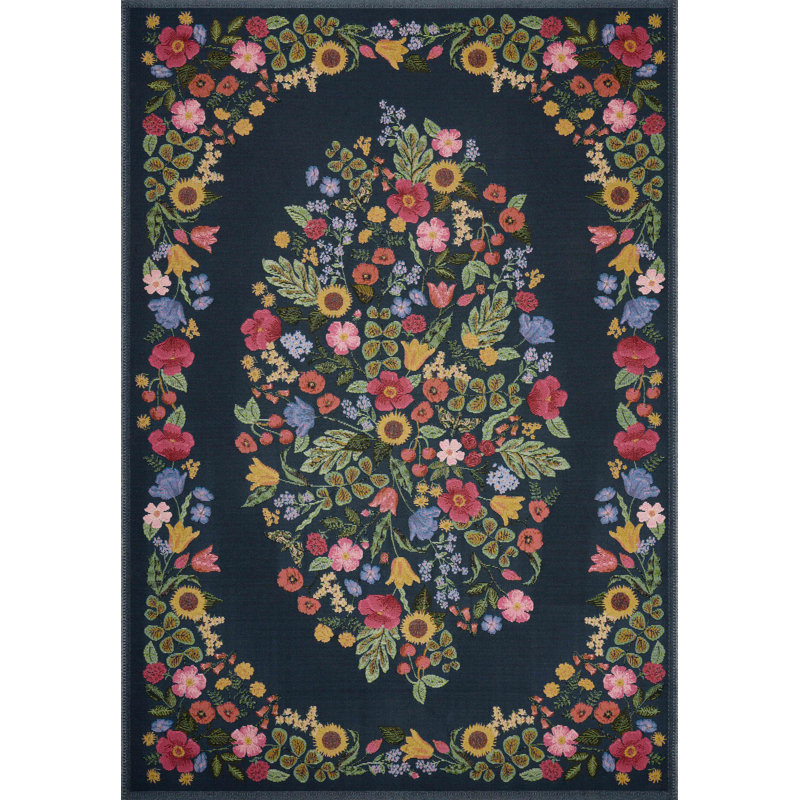 Navy Floral Rectangular Wool and Synthetic Area Rug