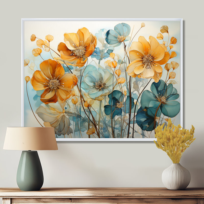 «Teal Orange Botanical Fragments I - Abstract Botanicals», art encadré, 34" H x 44" W, Cadre flottant blanc