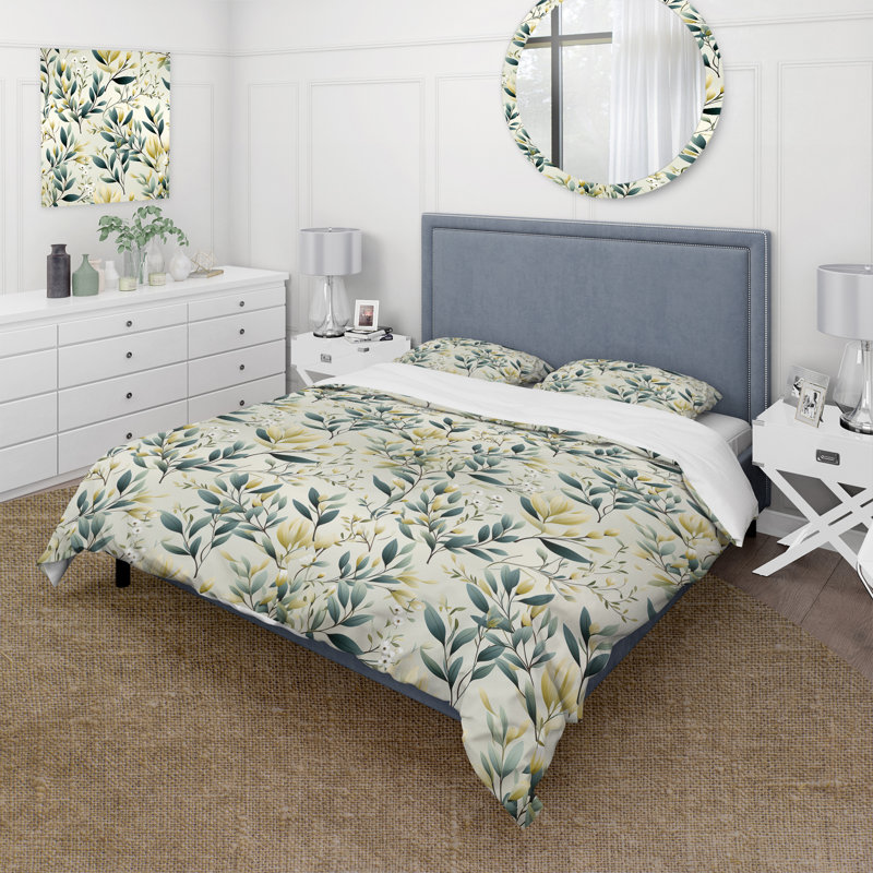 Literie en V à feuilles tranquilles, Housse de couette pour grand lit et 2 taies décor