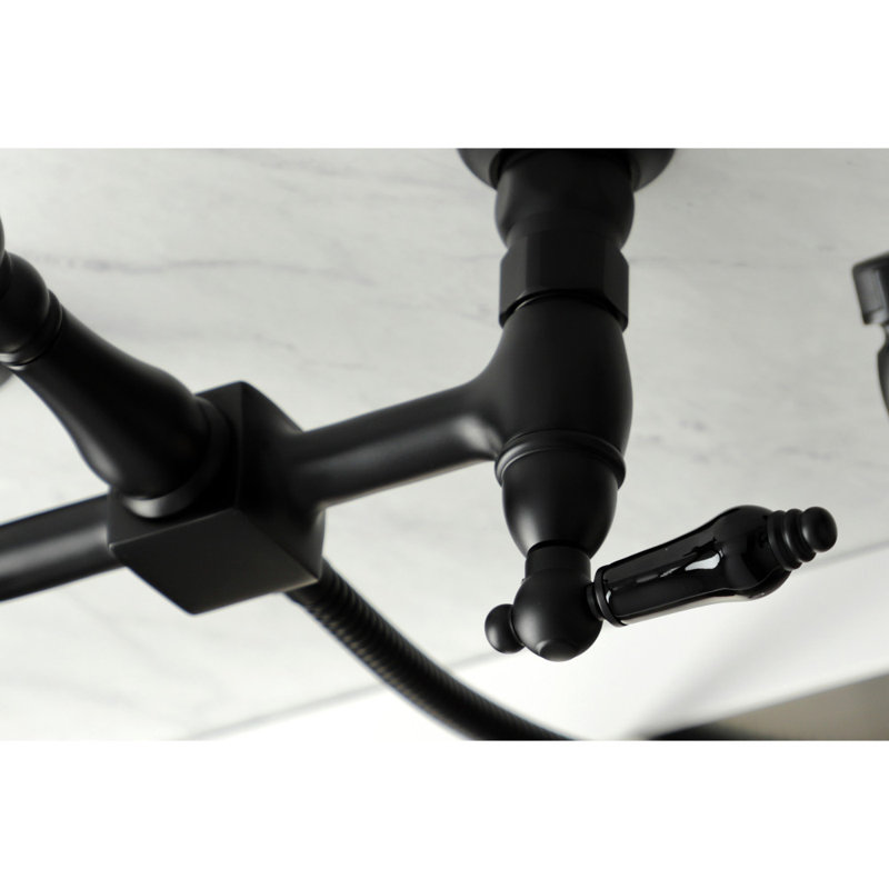 Kingston Brass Duchess Double-Handle 3-Hole Wall-Mount Bridge Kitchen Faucet with Brass Sprayer, Matte Black