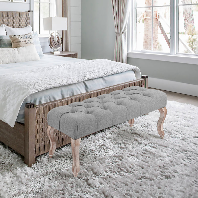 Vintage Upholstered Button Tufted Bench Entryway Ottoman With Rubber Wood Legs For Dining Room Bedroom, Gray