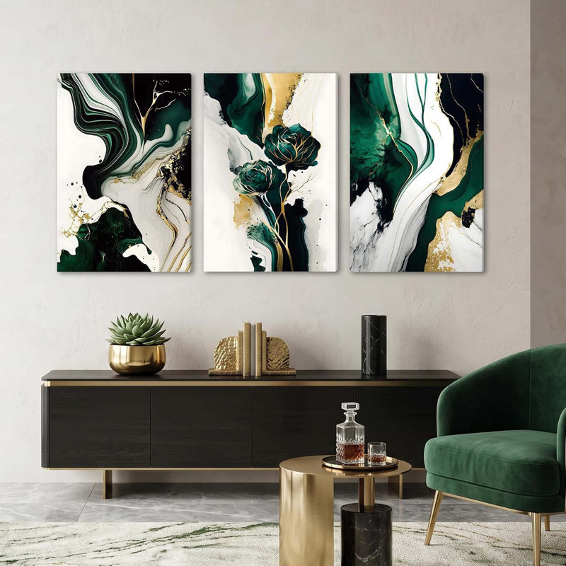 Triptych Green and Gold Floral Wrapped Canvas Wall Art 40x60cm