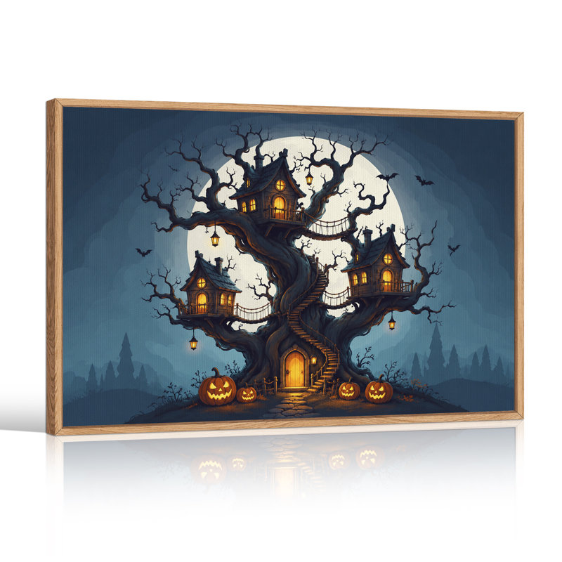 «Spooky Treehouse Under Full Moon With Pumpkins», art mural sur toile d'Halloween, H 18 po x l 24 po