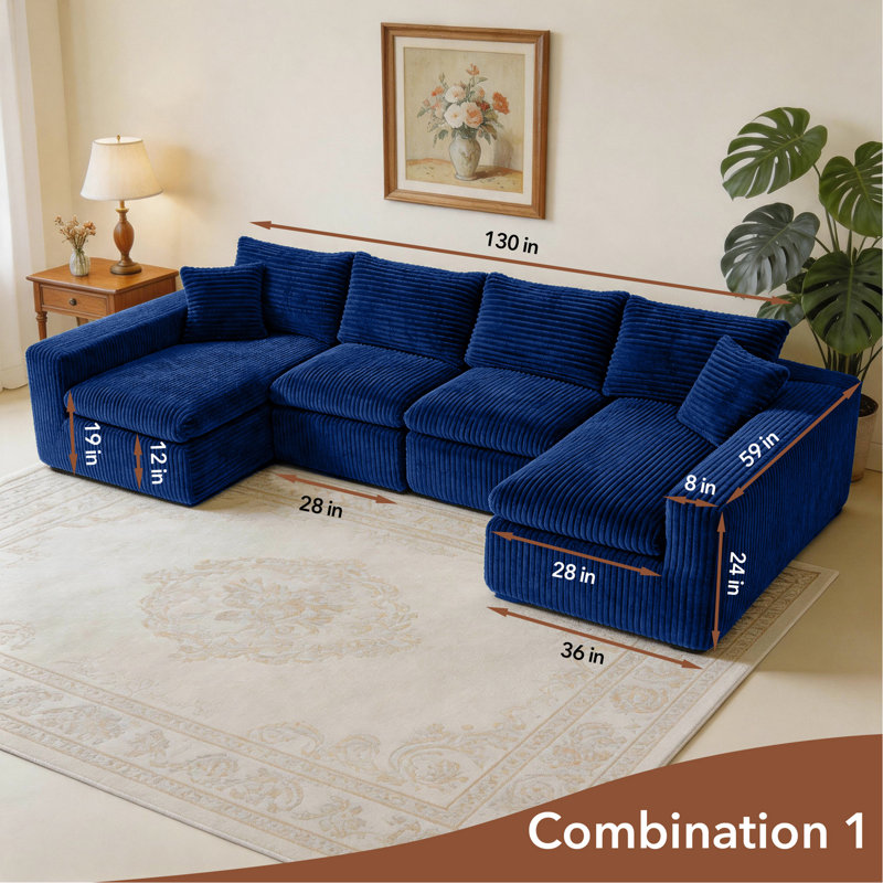 Canapé modulaire modulaire en nuage pour le salon - canapé modulaire en U modulaire de 130 po, canapés à compression sans assemblage, canapé de plancher confortable avec mousse à mémoire de forme, bleu