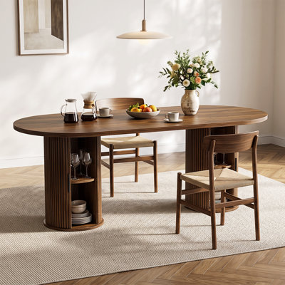 Modern 71" 6-Seater Oval Extendable Dining Table with Butterfly Leaf, Dual Side Storage Cabinets with Hidden Hinged Doors and Fluted Pedestal Base