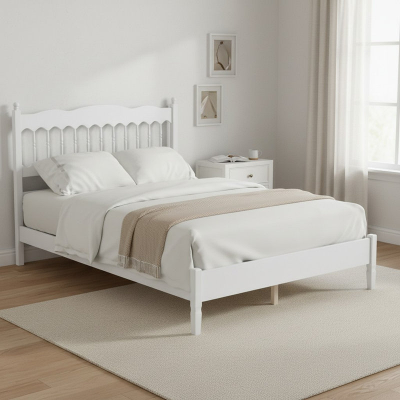 Base de lit plateforme en bois avec tête de lit à broche, Blanc, Grand lit